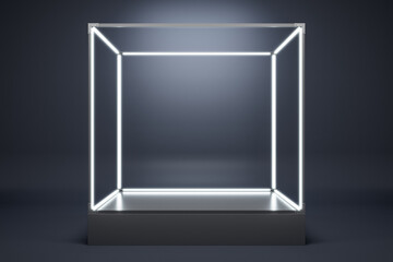Poster - Blank illuminated glass showcase with mock up place on gray wall background. 3D Rendering.
