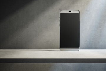 Poster - Close up of empty smartphone on desktop and concrete wall background with shadows and mock up place. Device presentation concept. 3D Rendering.