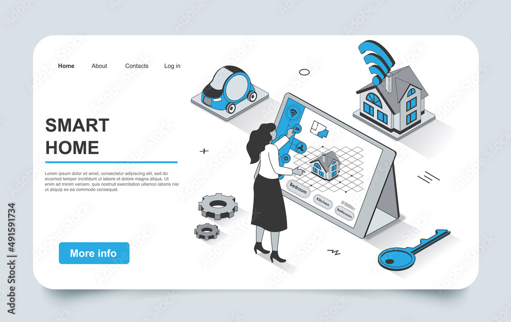 Smart home concept in 3d isometric landing page outline design. Woman ...