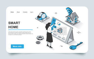 Fototapete - Smart home concept in 3d isometric landing page outline design. Woman controls sensors in house using computer, systems monitoring, security and automation, line web template. Vector illustration.