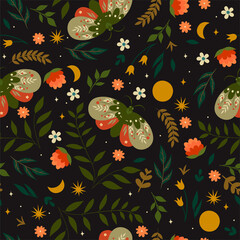 Seamless pattern with moths and flowers. Vector graphics.