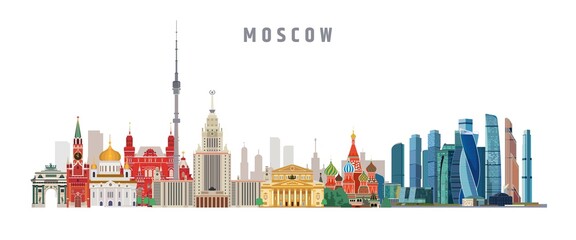 Wall Mural - Moscow landmarks and city skyline cartoon vector panoramic on white background with international business center complex.