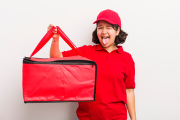 Wall Mural - pretty hispanic girl with cheerful and rebellious attitude, joking and sticking tongue out. fast food delivery concept