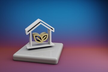 Fototapete - Beautiful abstract illustrations house clean energy symbol icon on a  ceramic stand and bright colored background. 3d rendering illustration. Background pattern for design. Save Ecological.