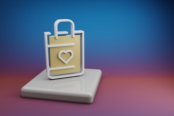Aufkleber - Beautiful abstract illustrations Shopping Bag And Heart symbol icon on a  ceramic stand and bright colored background. 3d rendering illustration. Background pattern for design. Online Shopping.