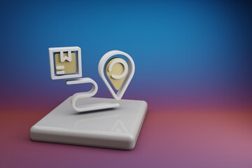 Fototapete - Beautiful abstract illustrations Delivery Location Tracking symbol icon on a  ceramic stand and bright colored background. 3d rendering illustration. Background pattern for design. Online Shopping.