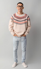 Wall Mural - Handsome young Asian man in knitted sweater on grey background