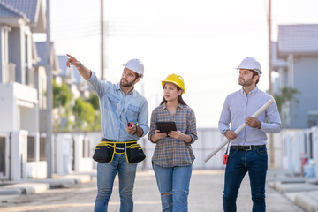 Poster - Engineer working on construction building site,Architects discussing project of building outdoors.