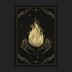 hands holding magic fire with engraving, hand drawn, luxury, celestial, esoteric, boho style, fit fo