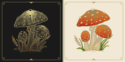 Russula aurea mushroom or fungus with engraving, hand drawn, luxury, celestial, esoteric, boho style, fit for spiritualist, religious, paranormal, tarot reader, astrologer or tattoo