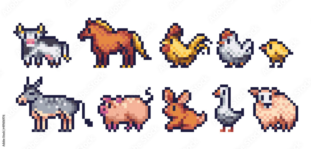 Farm animals pixel art icon set. Domestic countryside pets: horse, cow ...