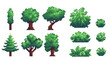© SickleMoon - Trees and backyard bushes pixel art icon set. Forest elements logo collection. 8-bit sprite. Game development, mobile app. Isolated vector illustration.