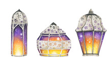 Set Of Traditional Arabian Lanterns. Isolated On White Background. Watercolor Illustration.