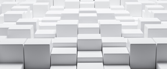 Poster - Abstract and Illustration of white box or cube background, marble cubes in random level broken up into blocks, light and shadow with free space, studio minimal showcase, 3D rendering and copy space.