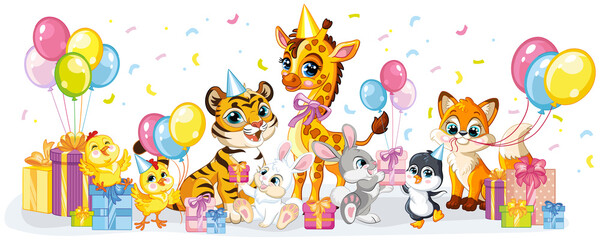  Cute wildlife cartoon animals border birthday banner