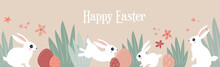 Happy Easter, Decorated Easter Card, Banner. Bunnies, Easter Eggs, Flowers And Basket. Folk Style Patterned Design.