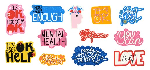 Mental Health. Motivational and Inspirational quote. Positive thoughts lettering. Psychology calligraphy. Typography print for card, poster or t-shirt, badges and sticker. Vector set