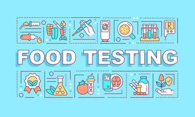 Poster - Food testing word concepts turquoise banner. Measuring products quality. Infographics with icons on color background. Isolated typography. Vector illustration with text. Arial-Black font used