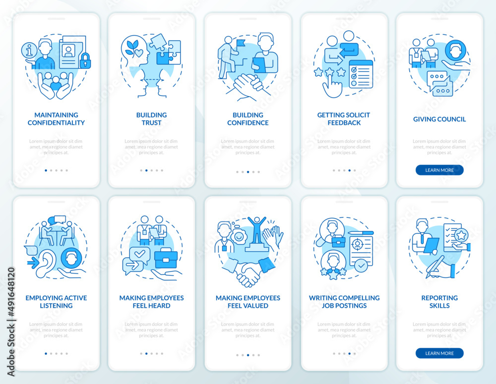 HR skills blue onboarding mobile app screen set. Employment walkthrough ...