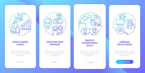 What to do about wrong career blue gradient onboarding mobile app screen. Walkthrough 4 steps graphic instructions pages with linear concepts. UI, UX, GUI template. Myriad Pro-Bold, Regular fonts used