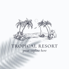 Wall Mural - palm trees tropical resort view badge or logo template hand drawn beach with palms and boat sketch w