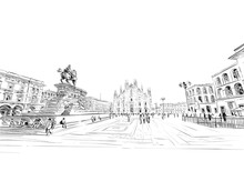 Piazza Del Duomo. Milan Cathedral. Victor Emanuel II Gallery. Hand Drawn Sketch. Vector Illustration.