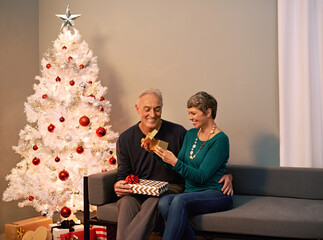 Wall Mural - A present for my love. Shot of a happy mature couple exchanging gifts on Christmas eve.