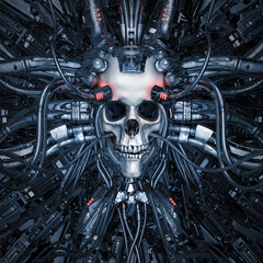 Wall Mural - Evil in the machine - 3D illustration of science fiction cyberpunk human skull connected to computer core