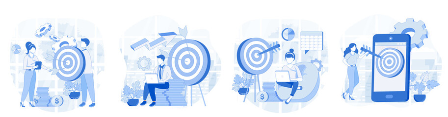 Wall Mural - Business target isolated set in flat design. People achievement goals, develop success strategy collection of scenes. Vector illustration for blogging, website, mobile app, promotional materials