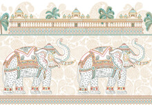 Vector Seamless Border Pattern With Ornate Indian Elephant, Tropical Palm Tree, Antique Temple. Colorful Thin Line, Paisley Ornaments On A White Background. Coloring Book For Adults And Children