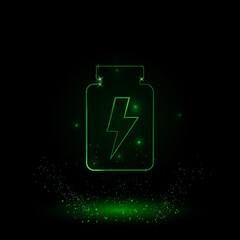 Poster - A large green outline power jar symbol on the center. Green Neon style. Neon color with shiny stars. Vector illustration on black background