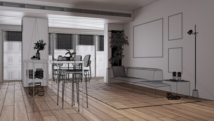 Wall Mural - Empty white interior with parquet floor, custom architecture design project, black ink sketch, blueprint showing modern kitchen and living with island, contemporary interior design