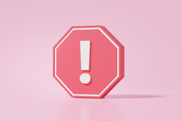 Aufkleber - Minimal red octagon warning symbol icon on pink background. website, alert, error alert safety concept. isolated. 3d render illustration