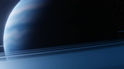 Wall Mural - close-up view of a gaseous ringed planet with another planet appearing from behind in the distance. 