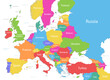 Europe with parts of Asia, multicolored detailed map, individual states and islands and sea with names, on white background vector