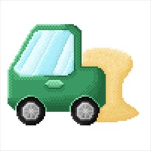 Green Pickup Truck And Sand Pixel Art. Car Cartoon. Vector Illustration.