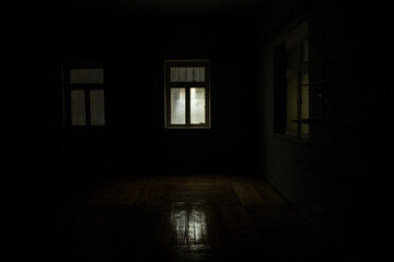 Wall Mural - Night scene of moon seen through the window from dark room. Realistic dollhouse miniature decorated.