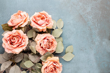 Wall Mural - Flowers composition. Bouquet of pink roses in pastel colors. Flatlay.