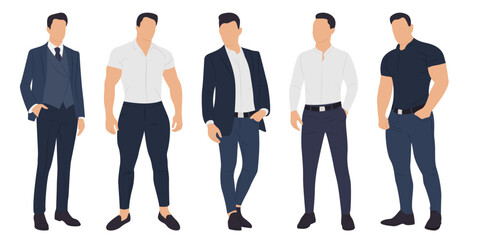 Set with men clothing. A man in a classic suit and casual style. Muscular and slim male body