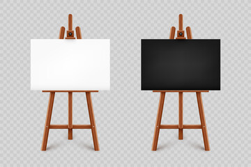 Realistic paint desk with blank black and white canvas. Wooden easel and a sheet of drawing paper. Presentation board on a tripod. Artwork mockup, template. Vector illustration