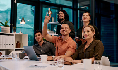 Aufkleber - The more you ask, the more you learn. Shot of a businessman raising his hand during a presentation in a boardroom.