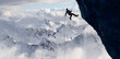 Adult adventurous man rappelling down a rocky cliff. Extreme adventure composite. 3d rendering mountain artwork. Aerial background landscape from British Columbia, Canada. Cloudy Sky