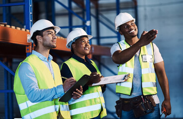 Poster - This just came in. Shot of a group of contractors standing in the warehouse and looking contemplative while having a discussion.