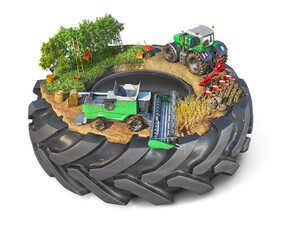 Agriculture concept, different types of agriculture works like potato seeding, wheat harvesting and fruit picking are located on a large tractor tire, isolated on a white background, 3d illustration