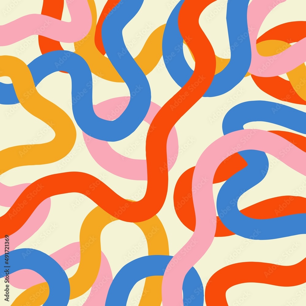 Fun colorful line doodle seamless pattern. Creative minimalist