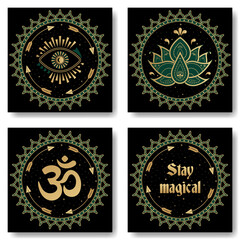 Wall Mural - Set of Mystic symbols folk illustration. Magical mandala round shape