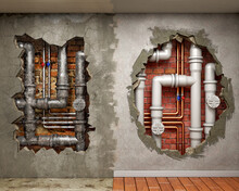 A Hole In Old Concrete Wall With Weathered And Damaged Plumbing Pipes Inside And A Hole In Renovated Wall With New Pvc Pipes Inside, Plumbing Renovation Concept, 3d Illustration