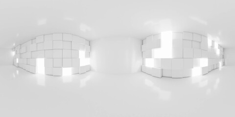 Wall Mural - 360 degree full panorama environment map of abstract empty cube wall room with white geometric shape walls 3d render illustration hdri hdr vr virtual reality c