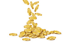 Falling Round Glossy Gold Coins On A Growing Pile. Vector 3D Illustration