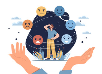 Juggling emotions concept. Man looks at starry sky, emotional intelligence and mood control. Mindfulness and psychology. Techniques and techniques for managing anger. Cartoon flat vector illustration